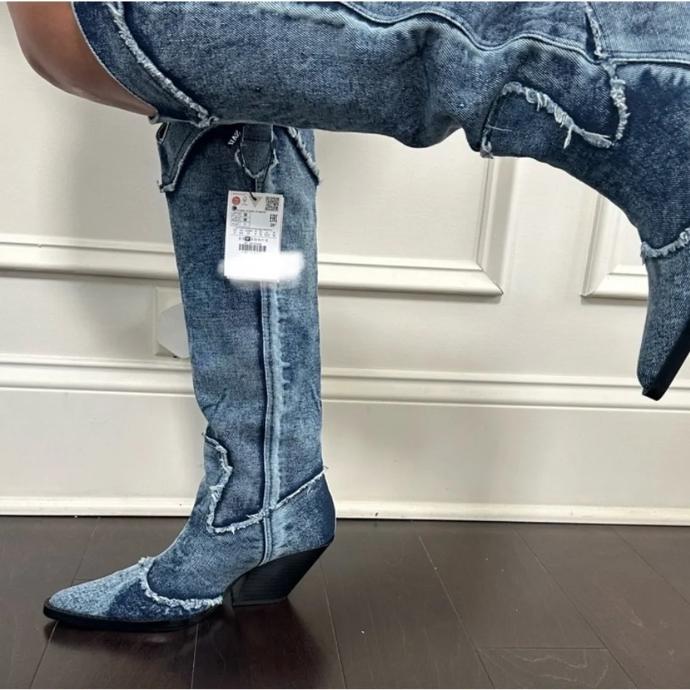 ZARA Denim Cowboy Boots 3051/210 - Picture 4 of 16